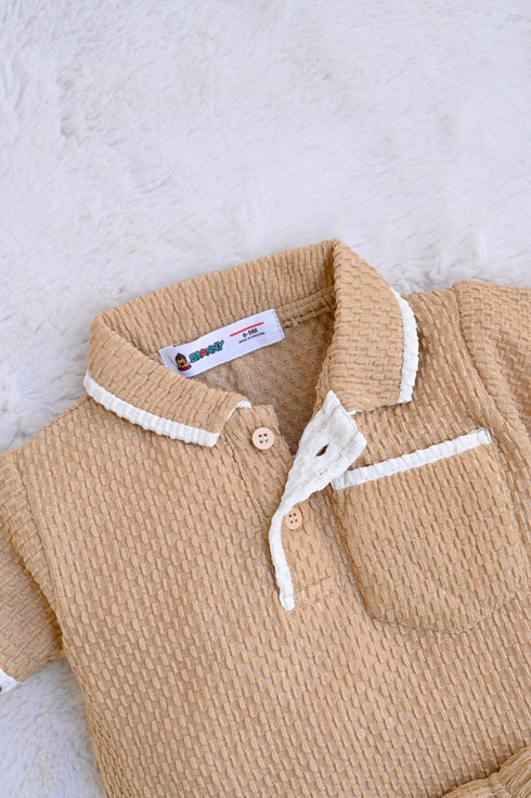 Jacquard Textured Polo Short Set (Brown)