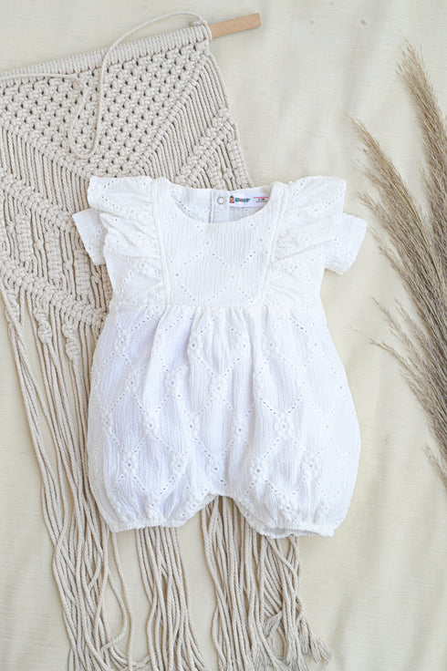 White Structured Frill Romper
