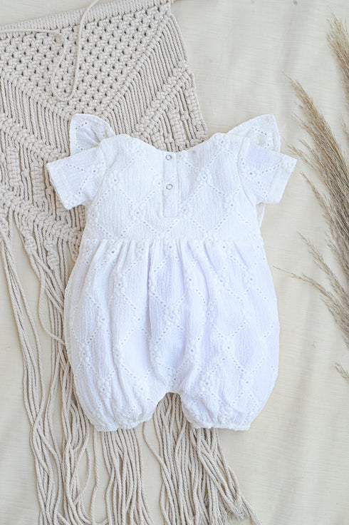 White Structured Frill Romper