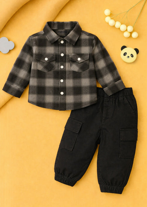 Plaid Flannel Shirt & Twill Cargo Pants Set