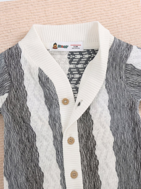 Green & Black Striped Jacquard Button-Up Romper