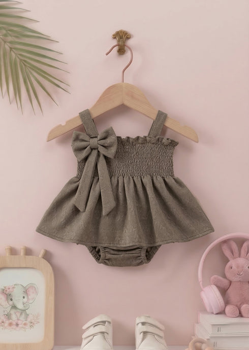 Smocked Bow Frock Set (Brown)
