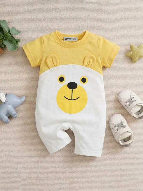 Bear Printed Color-Block Romper (Yellow & White)