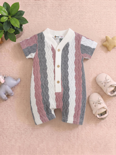 Red & Black Striped Jacquard Button-Up Romper