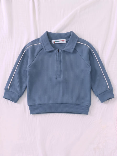 Ribbed Quarter-Zip Raglan Set (Steel Blue)
