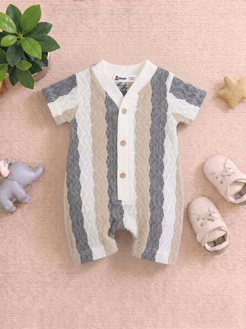 Sand & Black Striped Jacquard Button-Up Romper