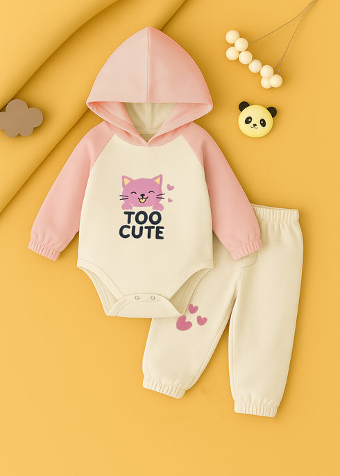 Pinky Paws Fleece Hooded Bodysuit Set