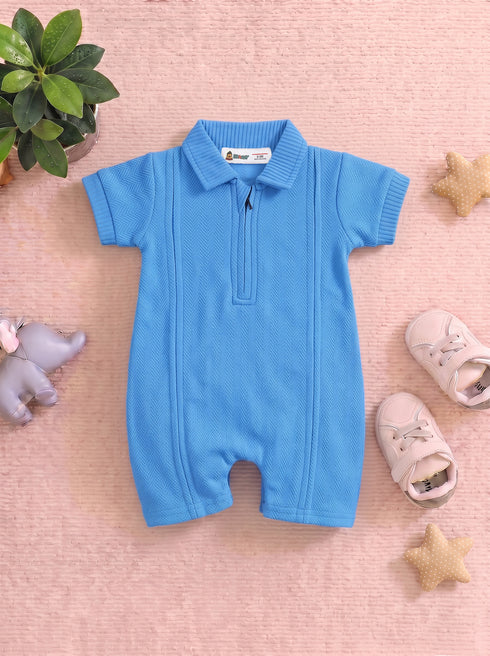 Blue Jacquard Textured Polo Romper