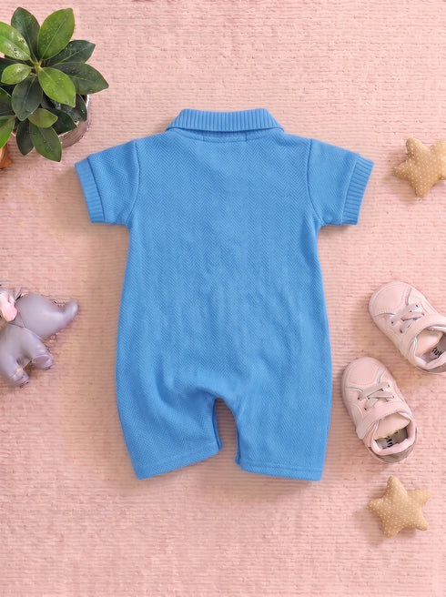 Blue Jacquard Textured Polo Romper