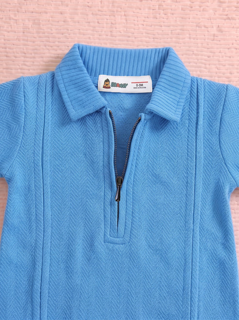 Blue Jacquard Textured Polo Romper