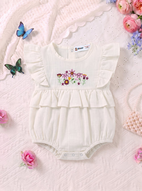 White Floral Embroidered Ruffle Sleeve Bodysuit