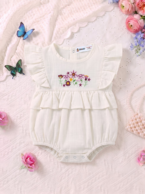 White Floral Embroidered Ruffle Sleeve Bodysuit