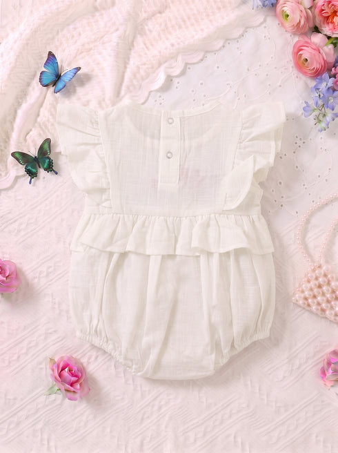 White Floral Embroidered Ruffle Sleeve Bodysuit