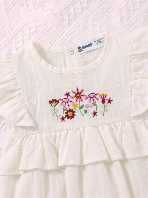 White Floral Embroidered Ruffle Sleeve Bodysuit