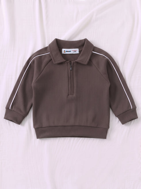 Ribbed Quarter-Zip Raglan Set (Brown)