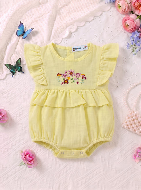 Yellow Floral Embroidered Ruffle Sleeve Bodysuit