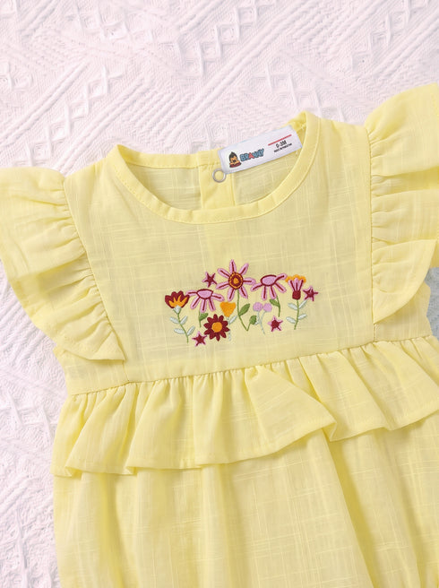 Yellow Floral Embroidered Ruffle Sleeve Bodysuit