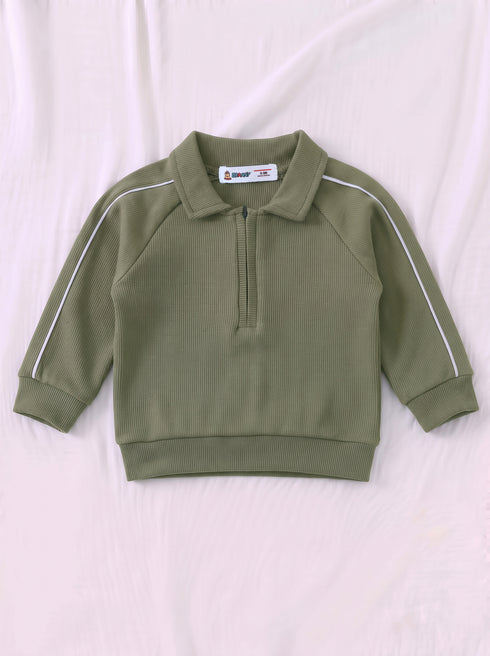 Ribbed Quarter-Zip Raglan Set (Olive Green)