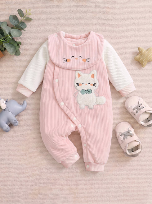 Cute Cat Padded Baby Sleepsuit with Matching Bib (Pink)
