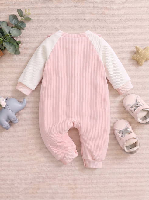 Cute Cat Padded Baby Sleepsuit with Matching Bib (Pink)