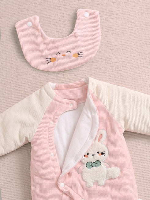 Cute Cat Padded Baby Sleepsuit with Matching Bib (Pink)