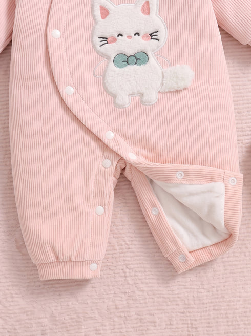 Cute Cat Padded Baby Sleepsuit with Matching Bib (Pink)