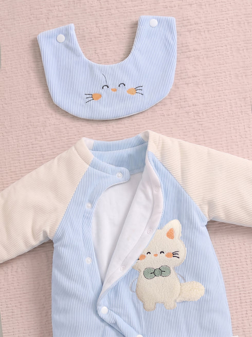 Cute Cat Padded Sleepsuit with Matching Bib (Sky Blue)