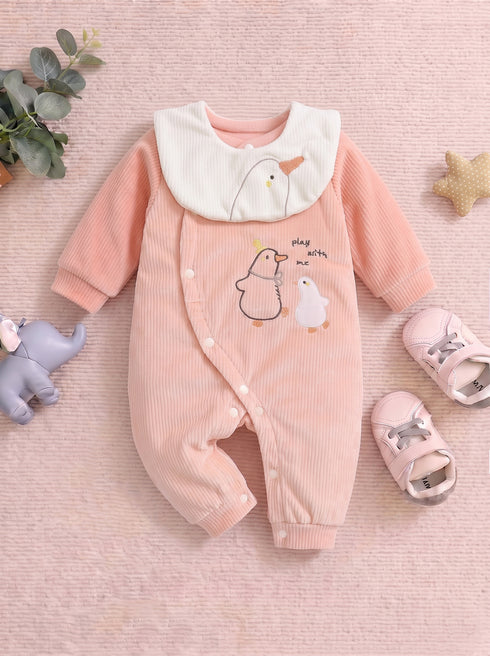 Cute Duck Embroidered Padded Sleepsuit with Bib (Peach Pink)