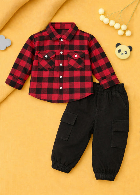 Plaid Flannel Shirt & Twill Cargo Pants Set