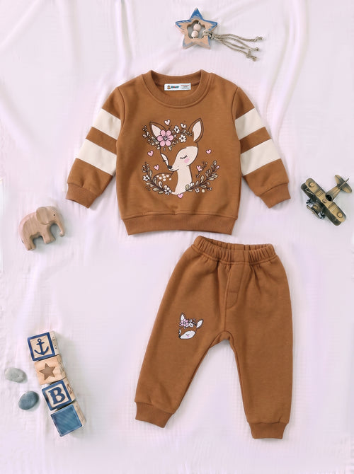 Deer Printed Panelled Sweatshirt Set