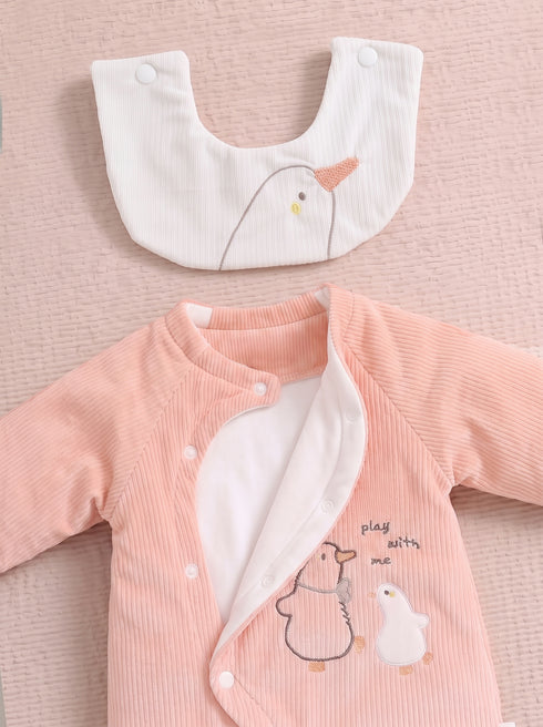 Cute Duck Embroidered Padded Sleepsuit with Bib (Peach Pink)