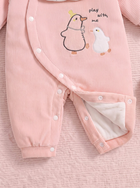 Cute Duck Embroidered Padded Sleepsuit with Bib (Peach Pink)