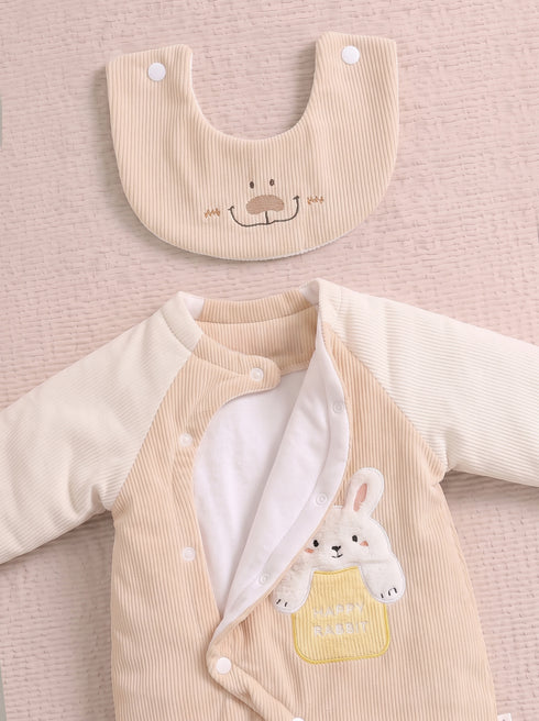 Happy Rabbit Padded Sleepsuit with Matching Bib (Beige)