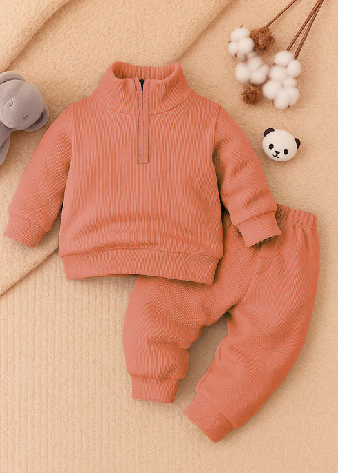 Ribbed High Neck Set (Brown)