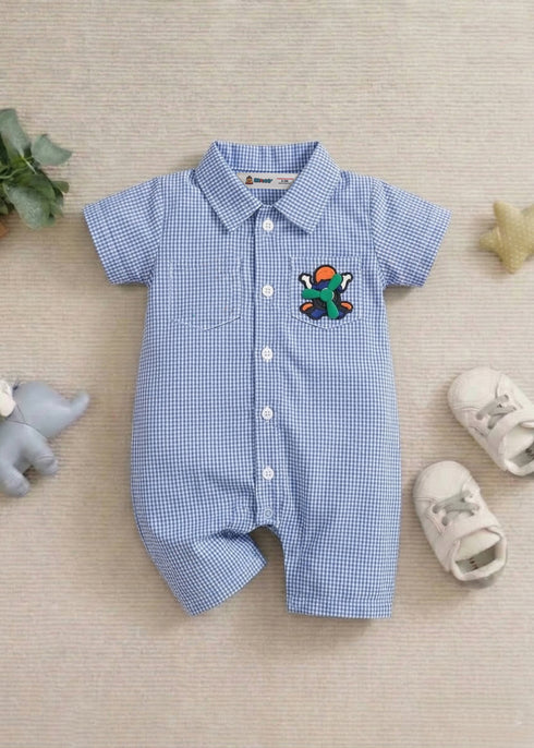 Playful Sky Blue Checkered Button-Down Romper