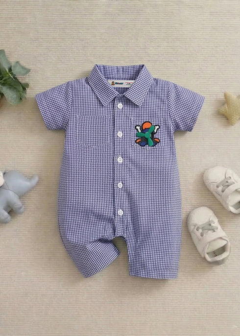 Playful Royal Blue Checkered Button-Down Romper