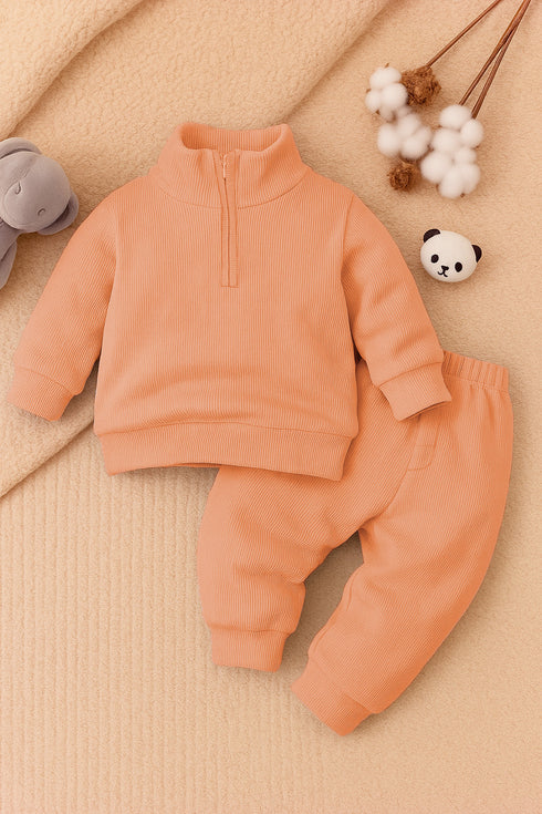 Ribbed High Neck Set (Peach)