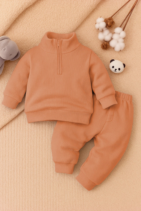 Ribbed High Neck Set (Dark Peach)