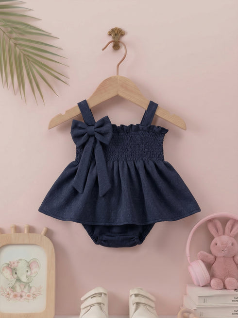 Smocked Bow Frock Set (Navy)