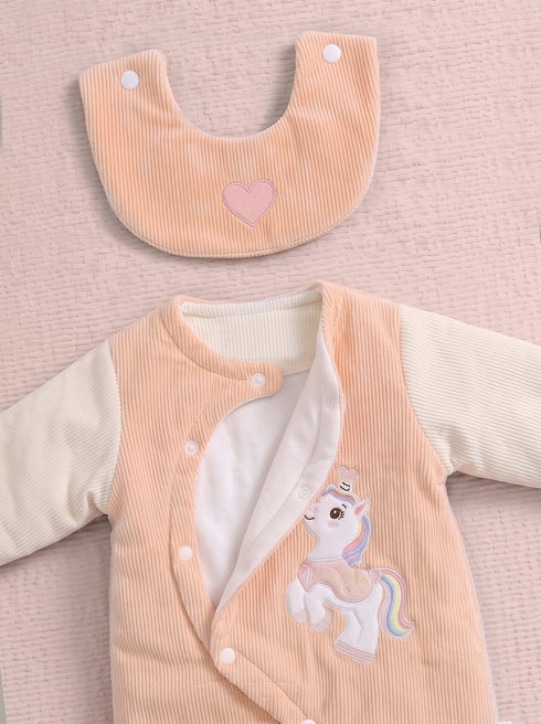 Unicorn Padded Sleepsuit with Matching Bib (Peach)