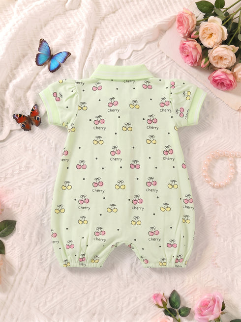 Cherry Printed Polo Collar Romper