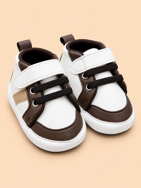 Classic White & Brown Casual Sneakers with Velcro Straps