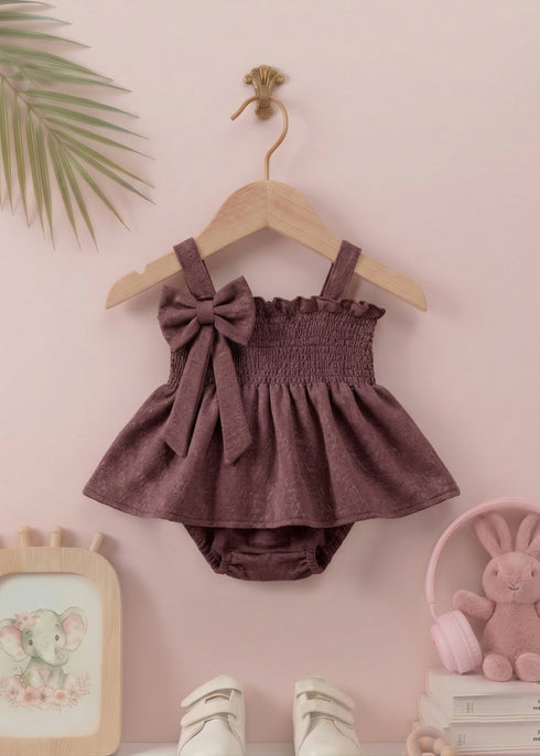 Smocked Bow Frock Set (Burgundy)