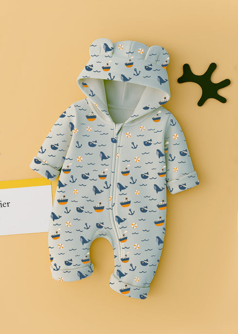 Ocean Themed Fleece Hooded Sleepsuit