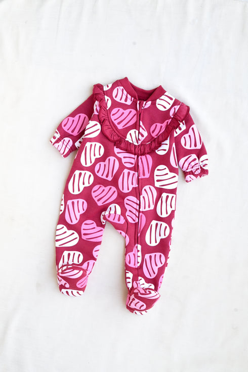 Maroon Leaf Printed Frilled Zipper Fleece Footed Sleepsuit