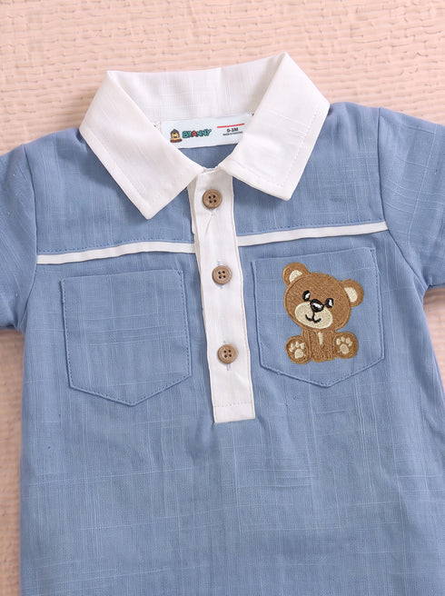 Bear Embroidered Polo Collar Romper (Blue)