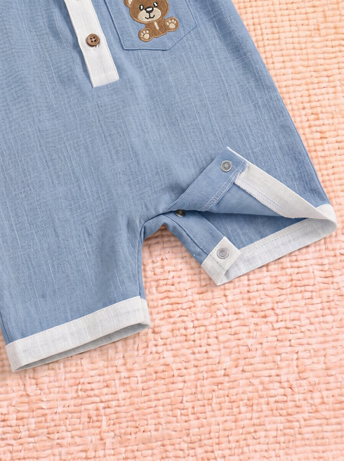 Bear Embroidered Polo Collar Romper (Blue)