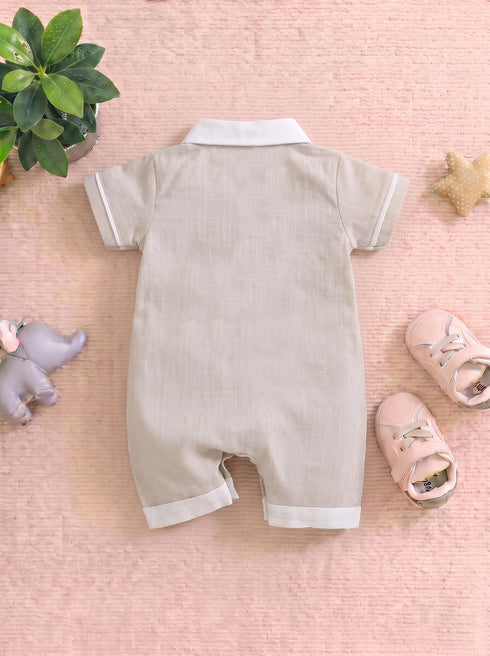 Bear Embroidered Polo Collar Romper (Beige)