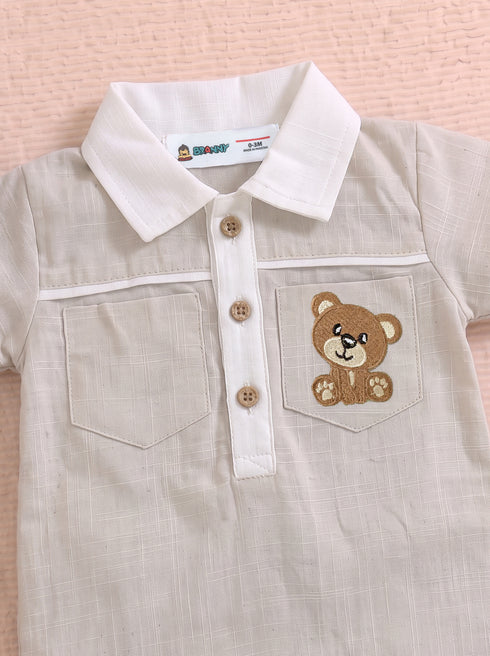 Bear Embroidered Polo Collar Romper (Beige)
