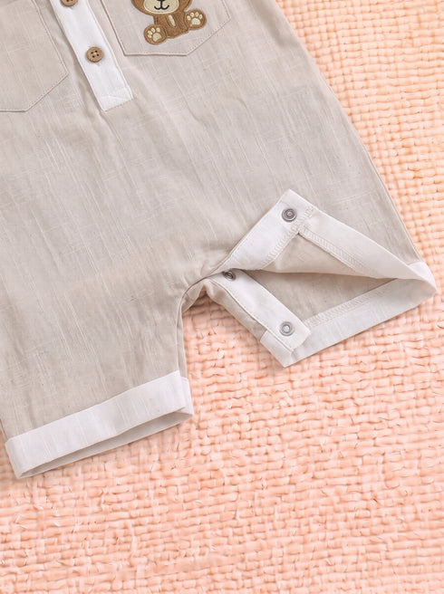 Bear Embroidered Polo Collar Romper (Beige)